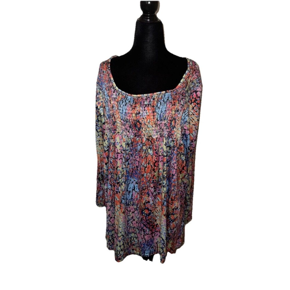 2XL Squared Neckline Multicolor Polyester Long Sleeve Tunic Shirred Bust Blouse